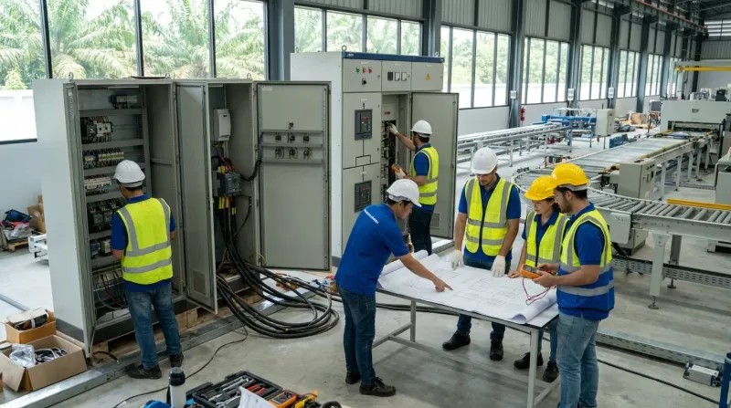 Engineers reviewing drawings beside industrial electrical panels