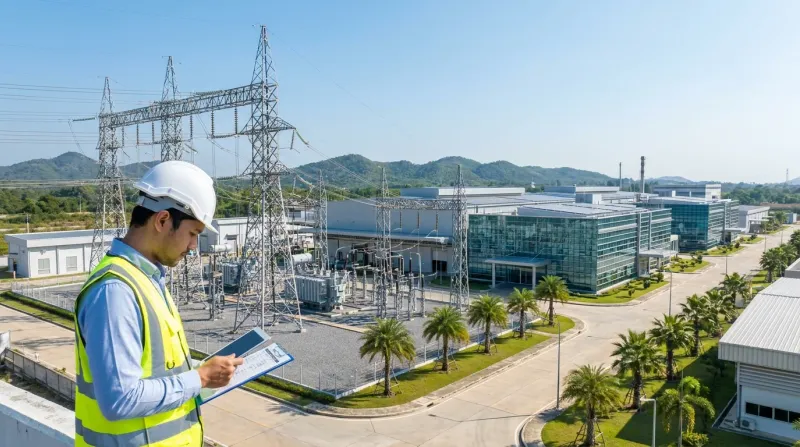 Engineer with a tablet overlooking an industrial electrical installation