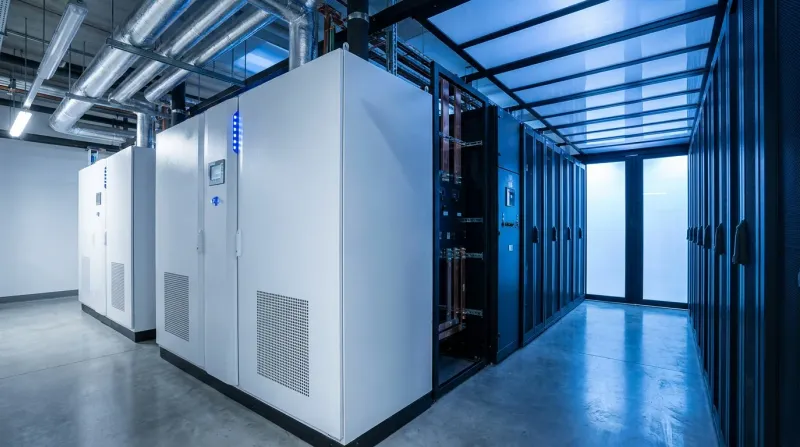 Cooling equipment and overhead services beside data-centre server racks