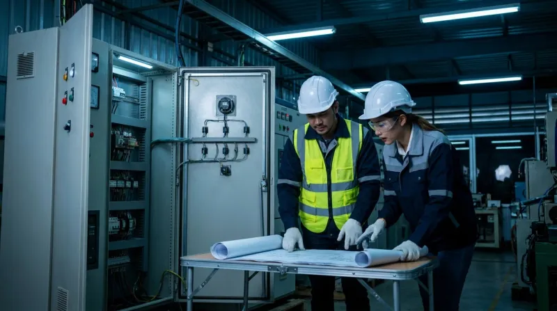 Two engineers discussing drawings in an electrical equipment room