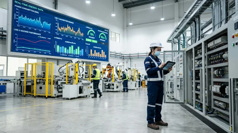 Factory monitoring displays alongside electrical equipment