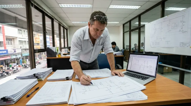 Engineer checking electrical drawings at a worktable