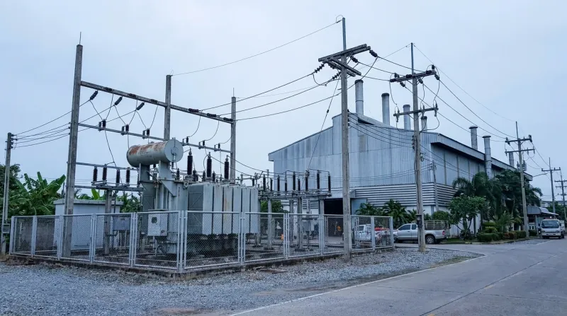 Outdoor electrical substation and overhead power connections