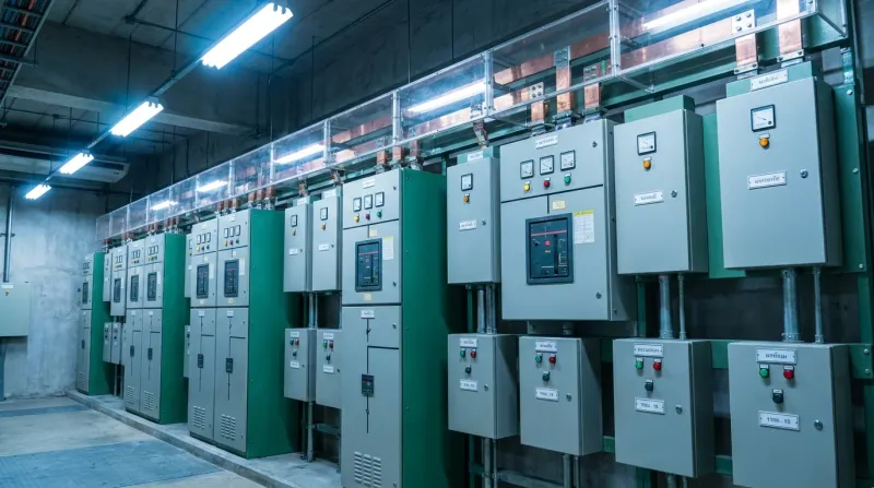 Representative industrial switchboards arranged in an electrical room