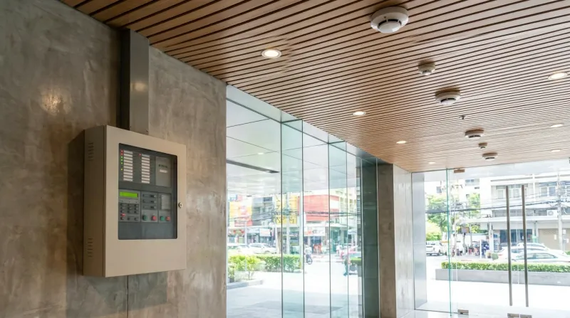 Fire alarm panel and detector in a building reception area