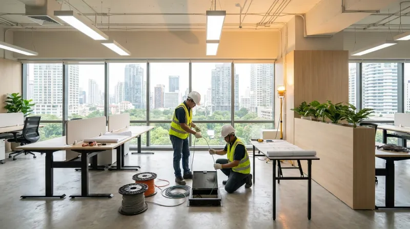 Electrical installation work in a furnished office space