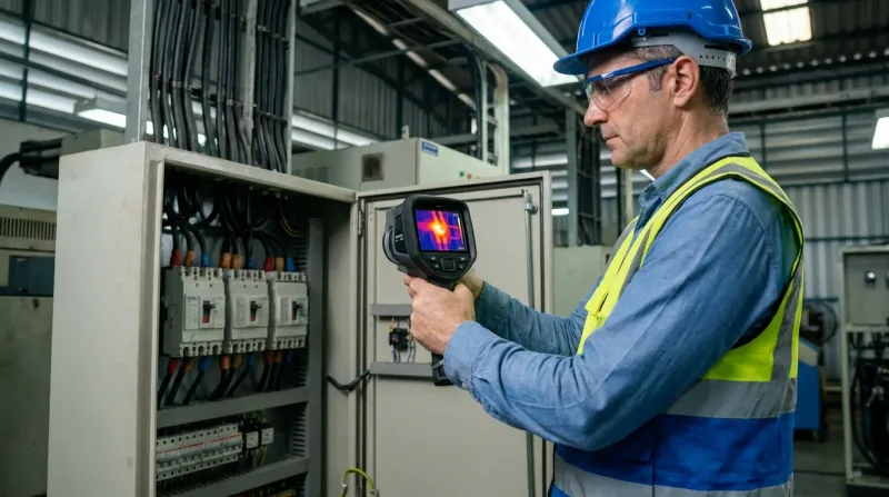 Inspector using a thermal camera near electrical equipment