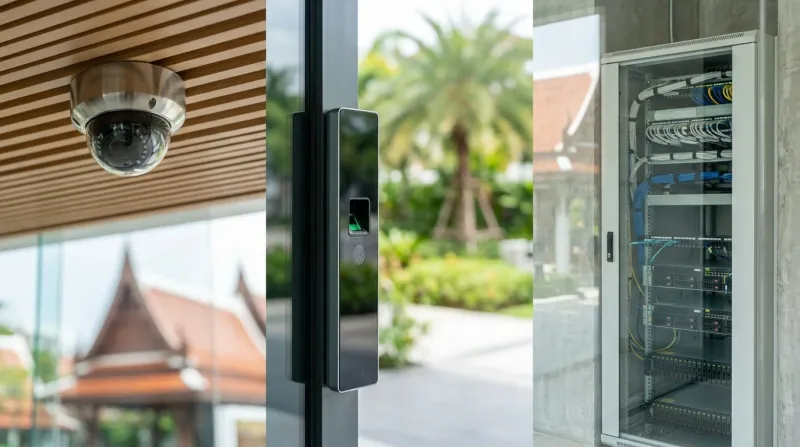 Security camera, access-control device and communication cabinet