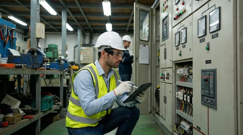 Inspector recording observations beside an electrical panel