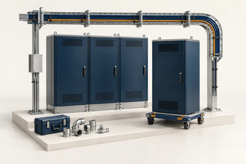 Concept illustration of aligned switchboards, a cabinet ready for positioning and organised cable trays
