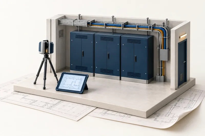 Concept illustration of an electrical room model, survey scanner and tablet with a floor plan
