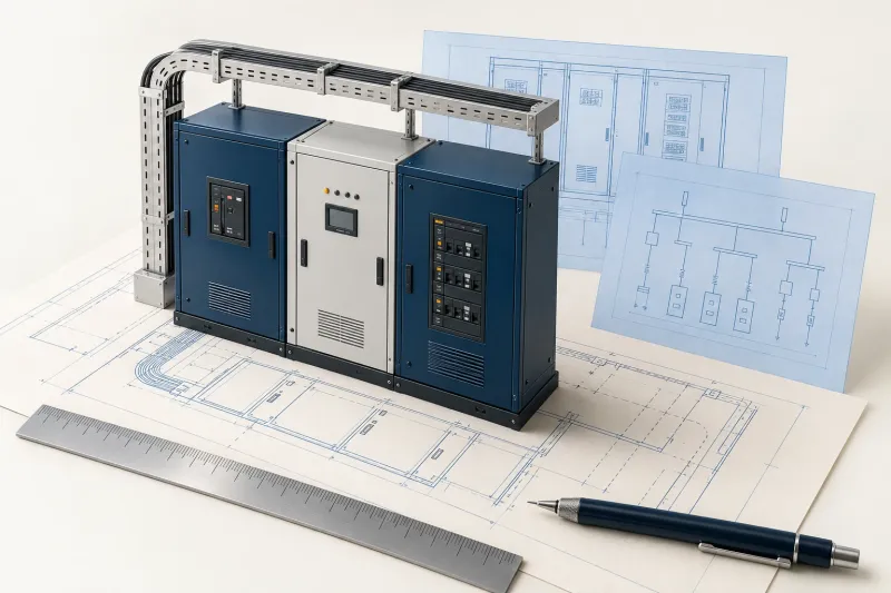 Concept illustration of switchboard models on electrical plans with drafting sheets and drawing tools