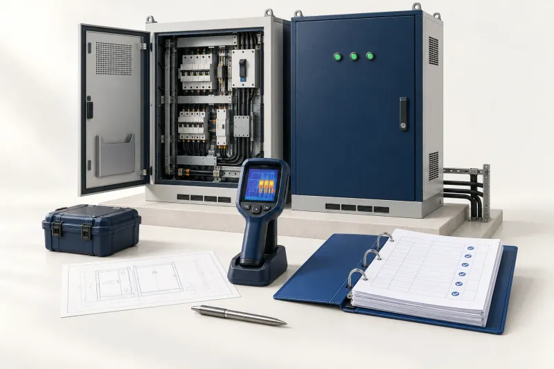Concept illustration of electrical cabinets, a thermal camera and organised handover documents