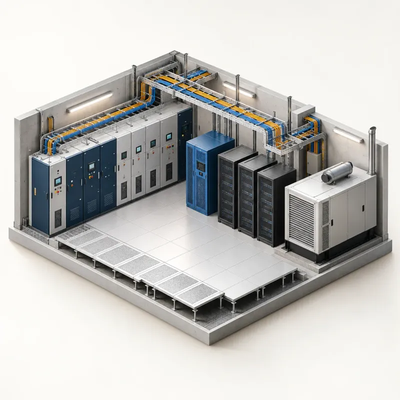 Conceptual illustration of switchboards, UPS, server racks and electrical cable routes