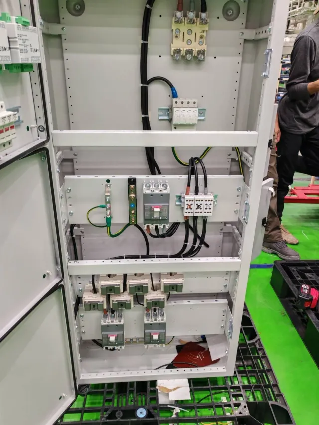 Wiring and mounted equipment inside an electrical cabinet
